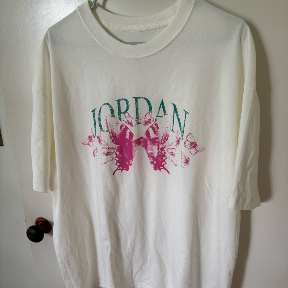 Jordan White Tee with Pink Butterfly Graphic